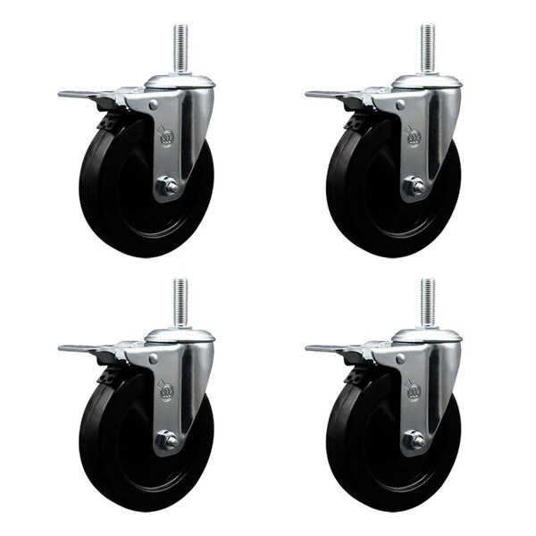 5 Inch Soft Rubber Swivel 34 Inch Threaded Stem Caster Set with Total Lock Brake